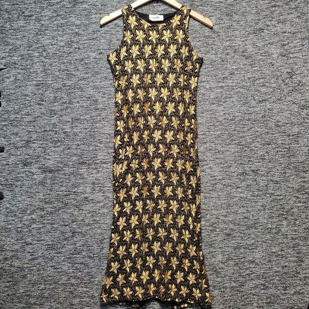 Wallis Maxi Dress Women 8 Black Gold Floral Lace Sleeveless Cocktail Evening